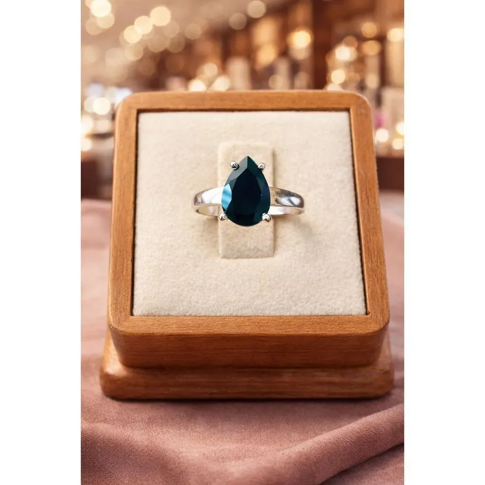 Faceted Pear Shaped Black Onyx Solitaire 925 Sterling Silver Ring Natural Simple